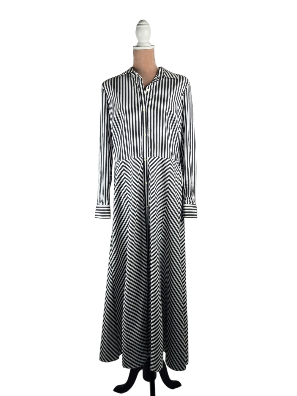 Lauren Ralph Lauren Striped Maxi Shirt Dress Chevron Cotton Grey White 14